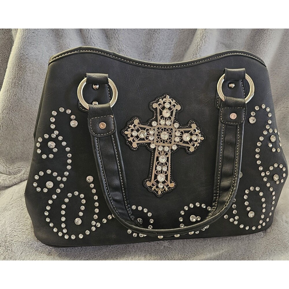 Vtg Country Road Black Leather Purse Rhinestones With A Cross